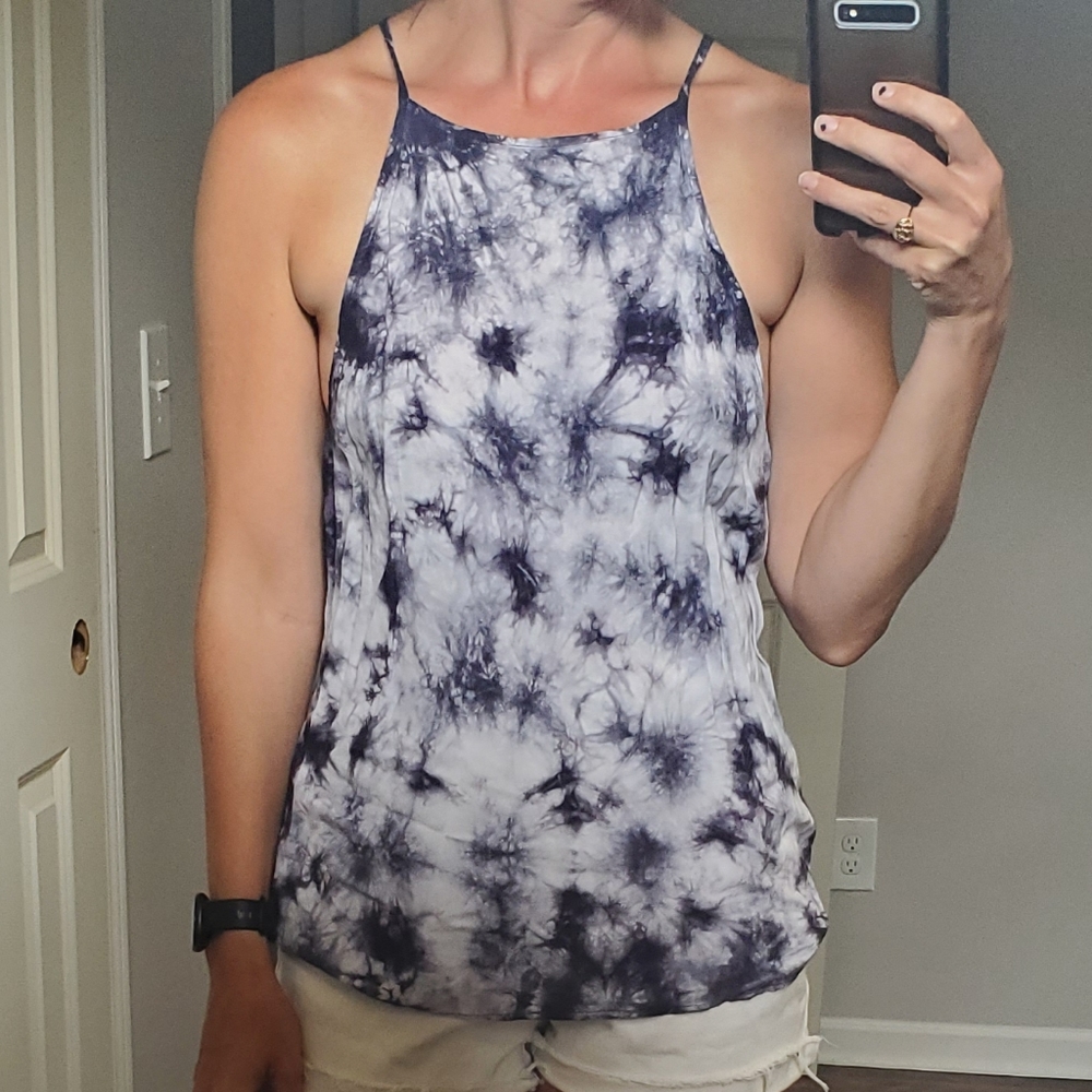 COTTON ON BLUE/PURPLE TIE DYE HIGH NECK FLOWY TANK TOP